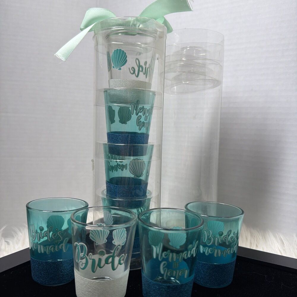 Bridesmaids Bachelorette 2oz Shot Glasses Set of 8 Brand New! Mermaid Theme Turq